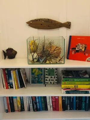 a book shelf with books and a wooden stick at Romantic Cottage, Port Isaac in Moffat