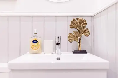 a bathroom sink with a bottle of soap and a plant at Welcoming Home In Renfrew, Near Glasgow Airport - Bonnie Lodgings in Renfrew