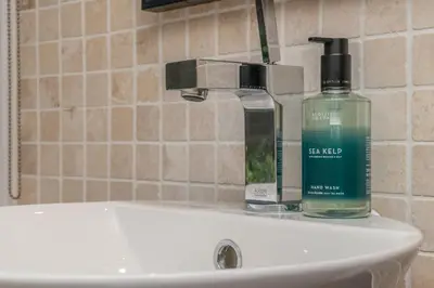 a bathroom sink with two bottles of soap on it at Georgian Elegance with Patio Garden West End - Pass the Keys in Edinburgh