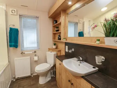 a bathroom with a toilet and a sink and a mirror at Serenity Lodge in Wemyss Bay