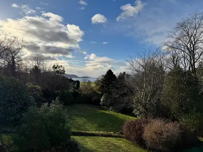 a view of a garden with trees and grass at Lochview Flat in Onich