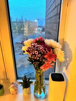 a vase filled with flowers sitting on a window sill at Skyline Serenity Cosy Home in Glasgow