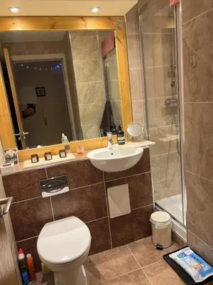 a bathroom with a toilet and a sink and a shower at Luxury New York Style Loft Apartment Homestay in Edinburgh