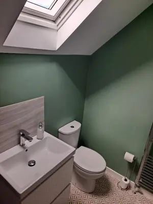 a bathroom with a toilet and a sink and a skylight at Cosy Cottage in Moffat, South Scotland in Moffat