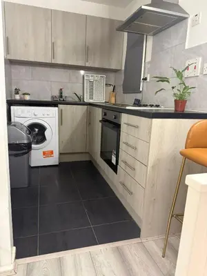 a kitchen with a washing machine and a washer at House of Card in Moffat
