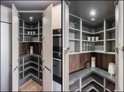 a walk in pantry with wood and glass doors at Henderson House - West End 3 Bedroom Family Home in Glasgow