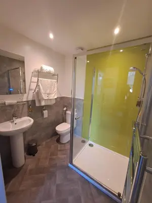a bathroom with a shower and a toilet and a sink at Brewery house in Newton Stewart