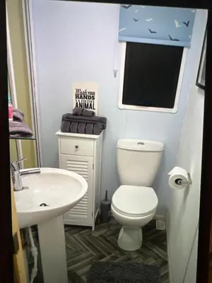 a small bathroom with a toilet and a sink at Sandylands caravan park in Stevenston