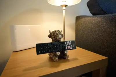 a toy bear holding a remote control on a table at Stylish 1BR Central Oban Retreat in Oban