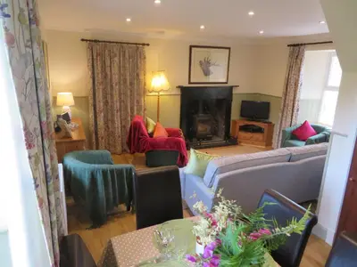 a living room with a couch and a fireplace at Finchairn Cottage in Lochgilphead