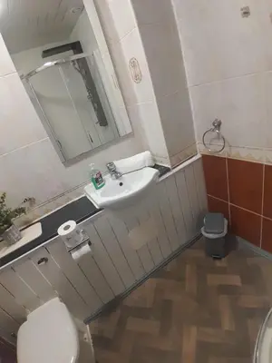 a bathroom with a sink and a toilet and a mirror at Warm Central Apartment by Meadows 7 in Edinburgh