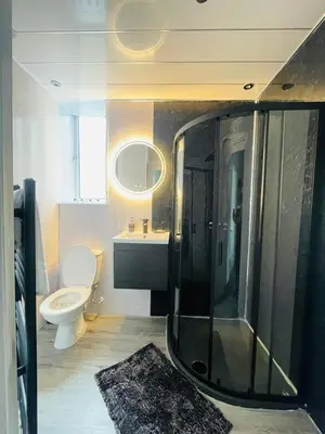 a bathroom with a shower and a toilet and a sink at Spacious 3 Bedroom Entire Apartment Self Check in & Free Parking in Cowdenbeath