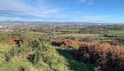 a green field with trees and a city in the background at Newton Mearns Home in Newton Mearns