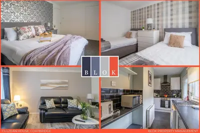 a collage of four pictures of a hotel room at Culzean House - 2 Bedrooms in Coatbridge in Coatbridge