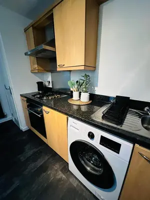 a kitchen with a stove and a washing machine at Modern 2 Bedroom Ground Floor Apartment near city centre in Glasgow