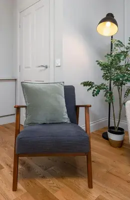 a chair with a pillow and a potted plant at Kings Park Garden Cottage - Free Parking in Stirling