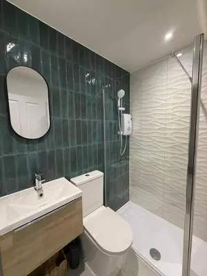 a bathroom with a toilet and a sink and a shower at Large 8 Bed Group and Contractor Accommodation in Stirling