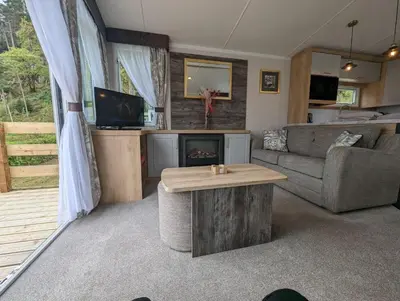 a living room with a couch and a fireplace at Swift Bordeaux Sea View No 2 in Dunoon