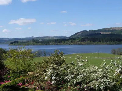 a view of a field with a lake in the background at Blarghour Farm Cottages Overlooking Loch Awe in Ardchonnell