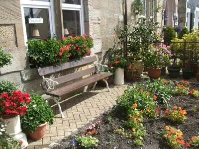 a wooden bench sitting next to a bunch of flowers at Dana Villa Holiday Accommodation in Oban