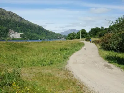 a person walking a dog on a dirt road at Inverawe Cottages in Taynuilt