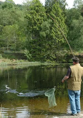 a man holding a net in a lake at Inverawe Cottages in Taynuilt