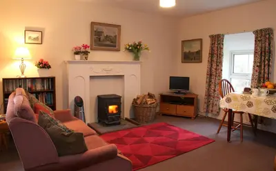 a living room with a couch and a fireplace at Inverawe Cottages in Taynuilt