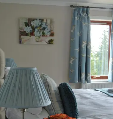 a bedroom with a bed with a lamp and a window at Shandon Farmhouse Bed and Breakfast in Drymen
