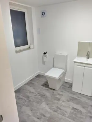 a white bathroom with a toilet and a sink at Glasgow Hampden Garden Flat in Glasgow