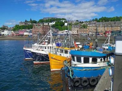 three boats docked at a dock in the water at Argyll Mansions in Oban