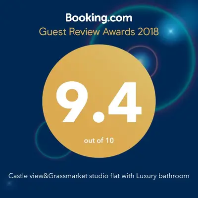 a flyer for a guest review awards with a yellow circle at Castle view&Grassmarket studio flat with Luxury bathroom in Edinburgh