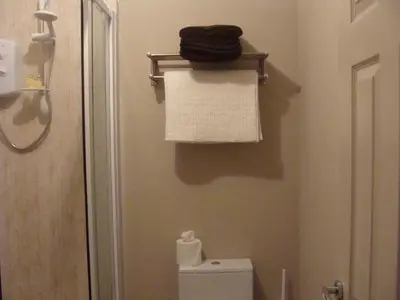 a bathroom with a shower and a toilet and towels at Riggend Farm Accomodation in Airdrie