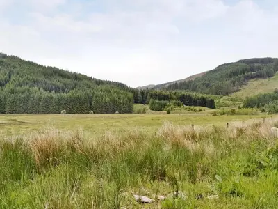 a field of grass with mountains in the background at Corrie Massan in Benmore