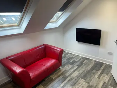 a red leather couch in a room with a flat screen tv at Elder Park Apartments in Glasgow