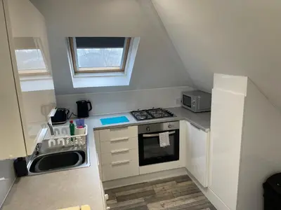 a small kitchen with a stove and a sink at Elder Park Apartments in Glasgow