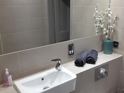 a bathroom with a sink and a mirror at Edinburgh Nine in Edinburgh