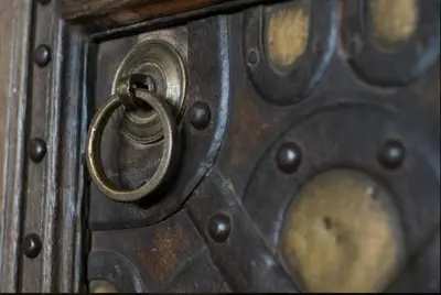 a wooden door with a brass knocker on it at Loft Apartment in Port Glasgow