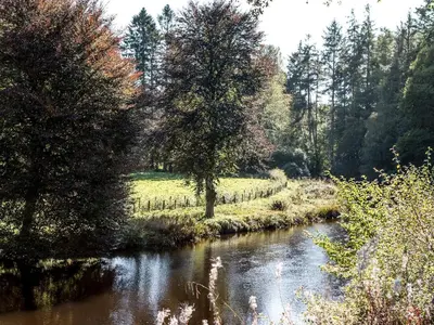 a river with trees in the middle of a field at Two The Stables in Dalrymple