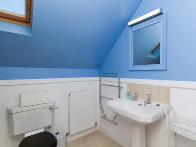 a bathroom with a white sink and a blue ceiling at One The Stables in Dalrymple