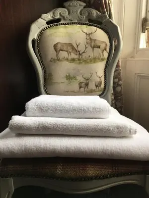 a stack of towels sitting on top of a chair at The Stag Head Hotel in Edinburgh