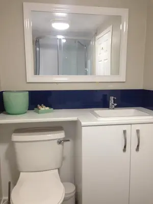 a bathroom with a toilet and a sink and a mirror at Woodside Cottage Self Catering in Kinbuck
