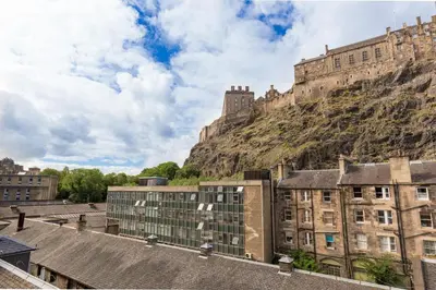 a view of the castle from the roofs of buildings at The Wee Thistle in Edinburgh