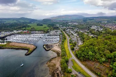 an aerial view of a harbor with a marina at The Inverkip Restaurant, Bar & Hotel in Inverkip