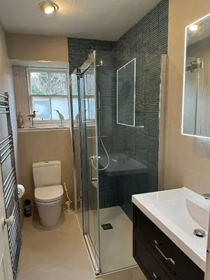 a bathroom with a shower and a toilet and a sink at The Coates Gardens Residence in Edinburgh