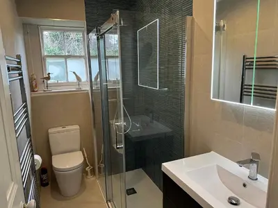 a bathroom with a shower and a toilet and a sink at The Coates Gardens Residence in Edinburgh