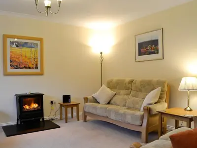 a living room with a couch and a fireplace at Taigh Seonaig in Glencoe