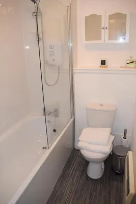 a white bathroom with a toilet and a shower at Kelpies Serviced Apartments Alexander- 2 Bedrooms in Falkirk