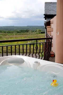 a rubber duck in a hot tub on a balcony at Backbrae House B&B in Lanark