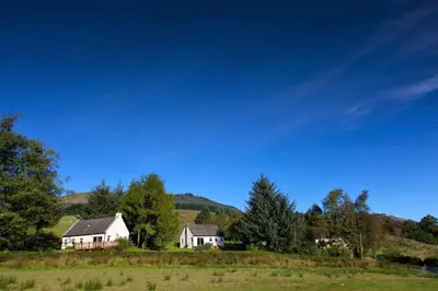 a couple of white houses on a hill with trees at Alder Cottage in Blairmore