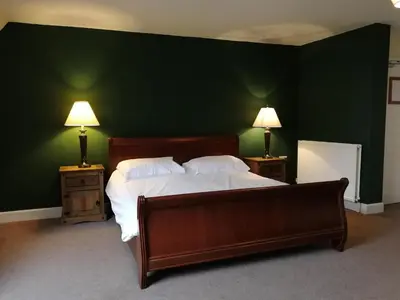 a bedroom with a green wall with a bed and two lamps at Broomhall Castle Hotel in Stirling